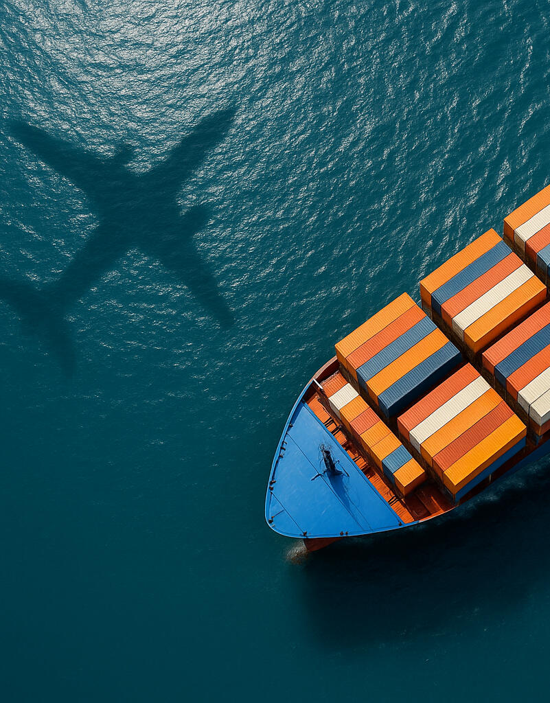 Global Shipping and Freight – Afro Sourcing Aerial view of a large container ship sailing through the ocean, symbolizing Afra Sourcing’s global export logistics and supply chain services from Africa